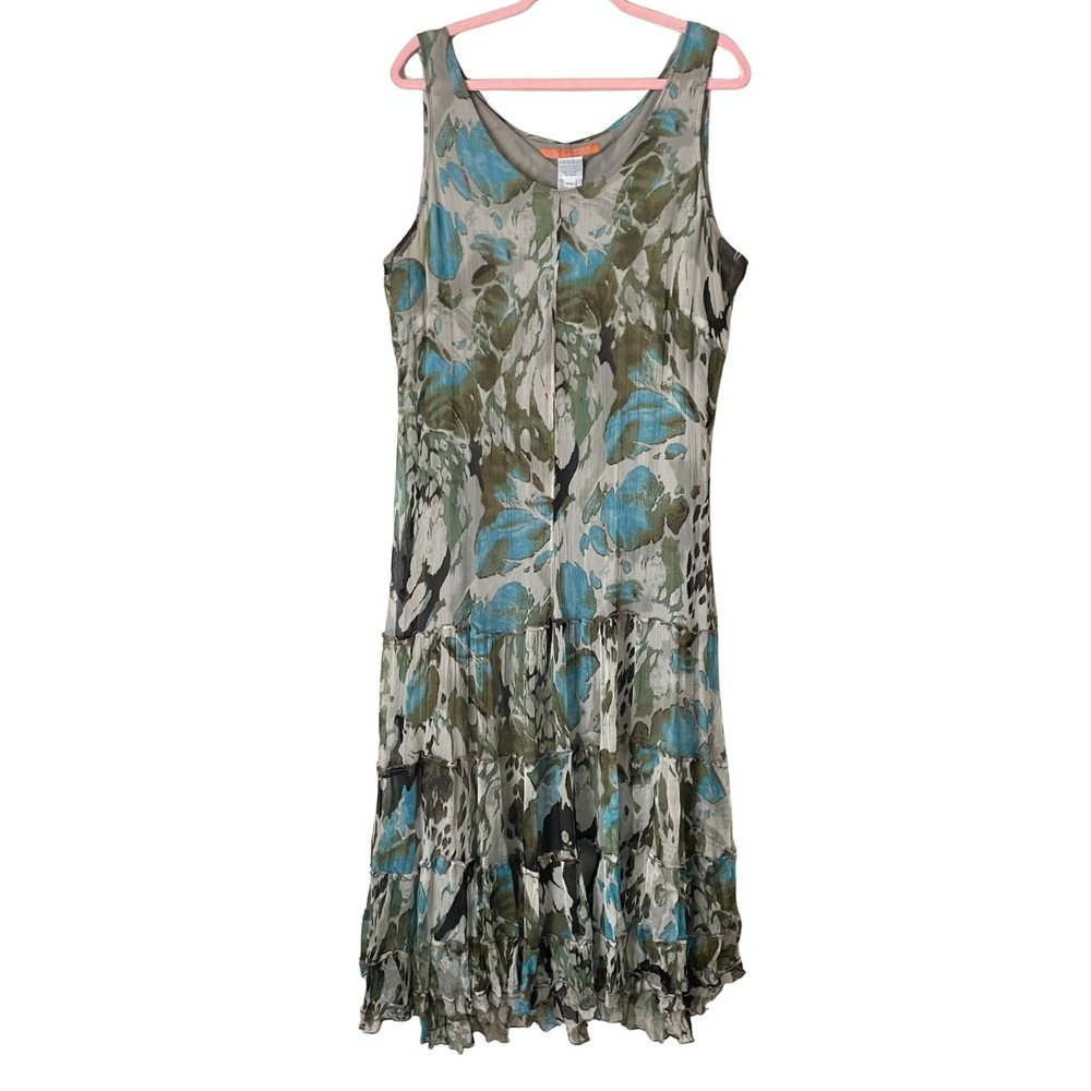 Alain Weiz Dress  Womens Size 20 Blue Green Silk Abstract Floral Tiered Midi